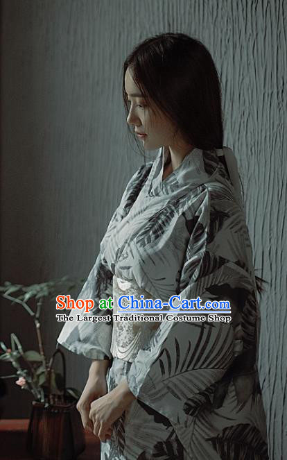 Japanese Handmade Printing Leaf White Kimono Costume Japan Traditional Yukata Dress for Women