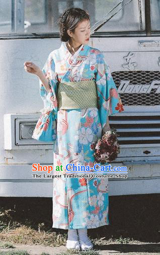 Japanese Handmade Printing Blue Kimono Japan Traditional Yukata Dress Costume for Women