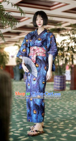Japanese Handmade Printing Navy Blue Kimono Japan Traditional Yukata Dress Costume for Women