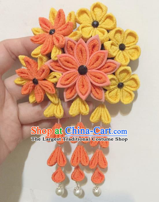 Japan Traditional Yukata Orange Flowers Tassel Hair Claw Japanese Handmade Kimono Hair Accessories for Women