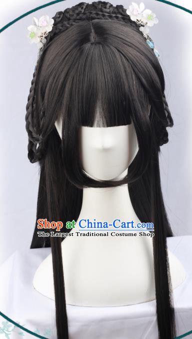 Handmade Chinese Traditional Princess Hanfu Blunt Bangs Black Wigs Sheath Ancient Nobility Lady Chignon for Women