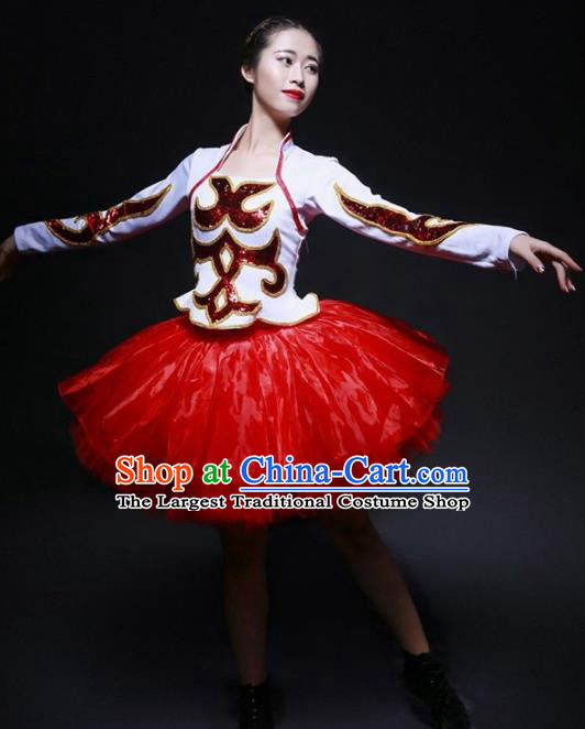 Chinese Modern Dance Stage Costume Traditional Opening Dance Red Bubble Dress for Women
