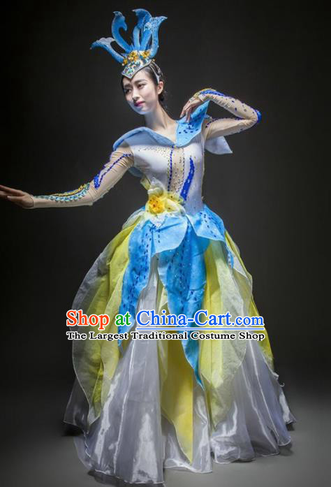 Chinese Modern Dance Stage Costume Traditional Opening Dance Blue Bubble Dress for Women