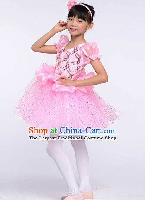 Chinese Modern Dance Stage Performance Costume Opening Dance Pink Bubble Dress for Kids