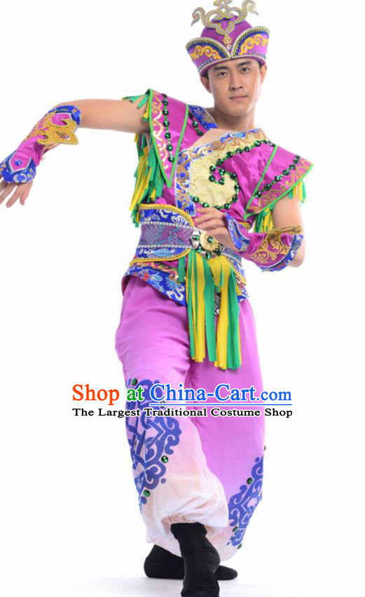 Chinese Mongol Nationality Ethnic Purple Costume Traditional Minority Folk Dance Stage Performance Clothing for Men