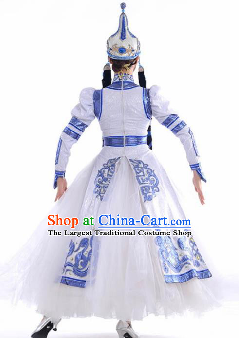 Chinese Traditional Mongol Nationality Ethnic Dance Costume Minority Princess Folk Dance White Dress for Women