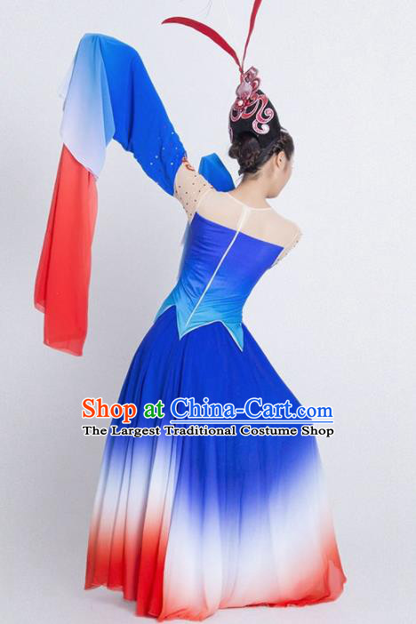 Chinese Classical Dance Blue Water Sleeve Dress Traditional Umbrella Dance Stage Performance Costume for Women