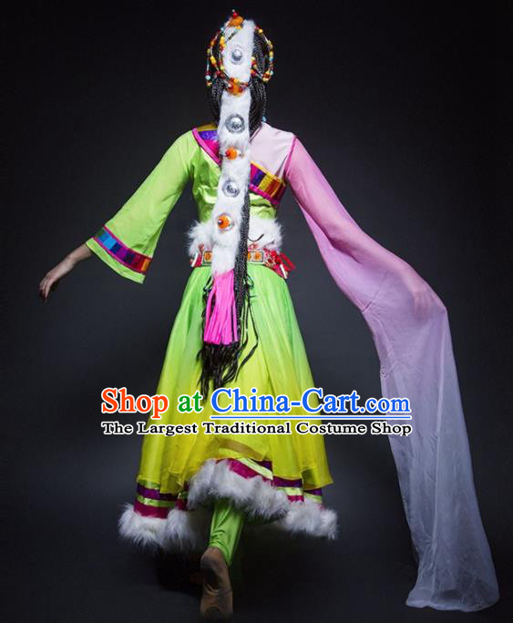 Chinese Traditional Zang Nationality Ethnic Dance Costume Tibetan Minority Folk Dance Green Dress for Women