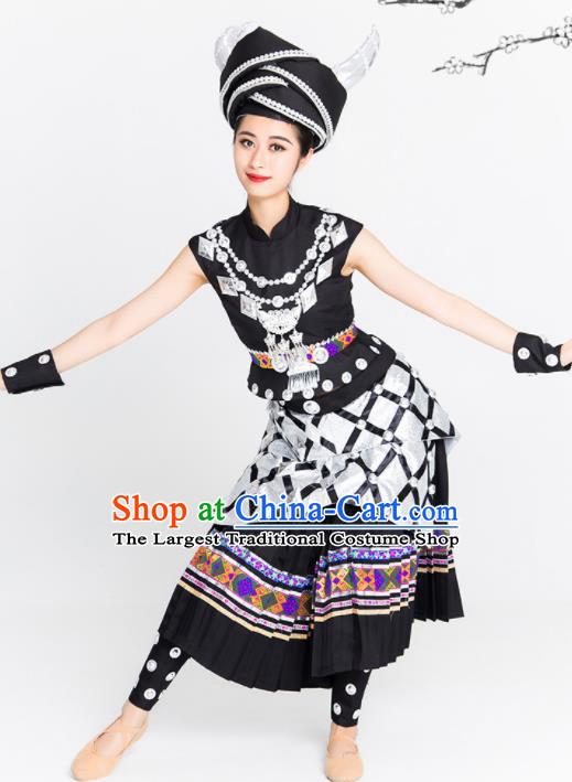 Chinese Traditional Yi Nationality Ethnic Dance Costume Minority Folk Dance Black Dress for Women