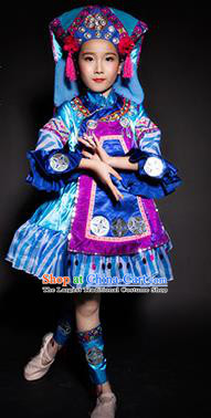 Chinese Bouyei Nationality Stage Performance Costume Traditional Ethnic Minority Blue Clothing for Kids