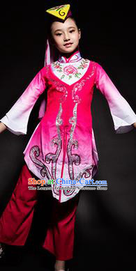 Chinese Hui Nationality Stage Performance Costume Traditional Ethnic Minority Rosy Clothing for Kids