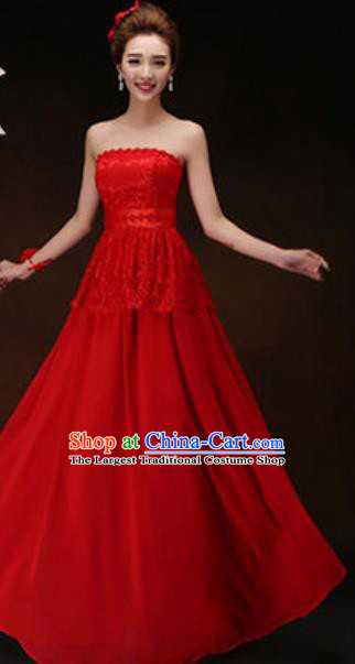 Top Grade Stage Performance Strapless Red Full Dress Compere Modern Fancywork Modern Dance Costume for Women
