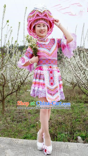 Traditional Chinese Minority Ethnic Folk Dance Pink Short Dress Miao Nationality Stage Performance Costume and Hat for Women