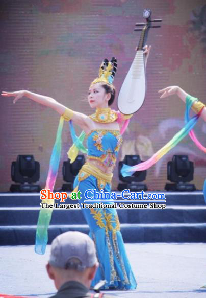 Chinese Traditional Classical Dance Blue Dress Dunhuang Flying Apsaras Stage Performance Costume for Women