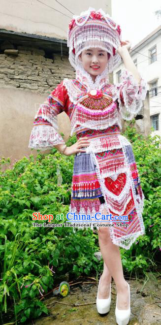 Traditional Chinese Miao Nationality Wedding Red Short Dress Minority Ethnic Folk Dance Costume for Women