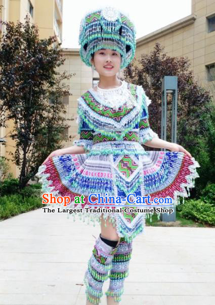 Traditional Chinese Minority Ethnic Folk Dance Embroidery Blue Short Dress Miao Nationality Stage Performance Costume and Hat for Women