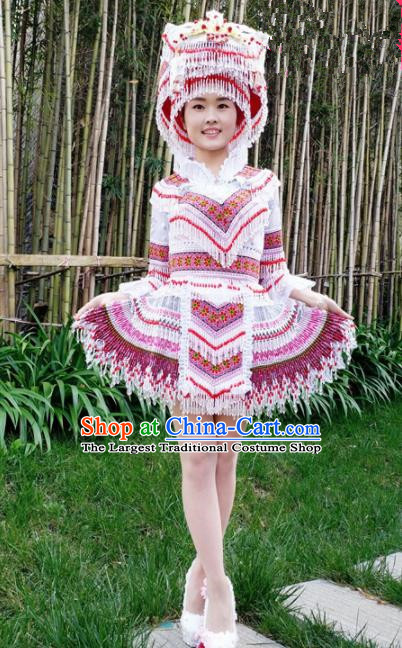 Traditional Chinese Miao Nationality Female Embroidered White Short Dress Minority Ethnic Folk Dance Stage Performance Costume for Women