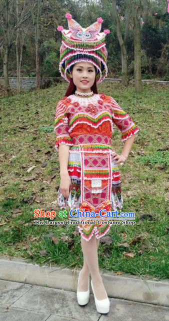 Traditional Chinese Miao Nationality Female Red Costume Minority Ethnic Folk Dance Stage Performance Short Dress and Hat for Women