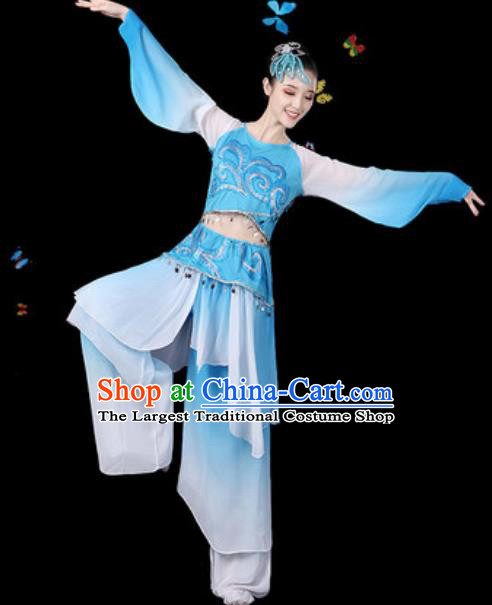 Traditional Chinese Classical Dance Blue Clothing Umbrella Dance Group Dance Stage Performance Costume for Women