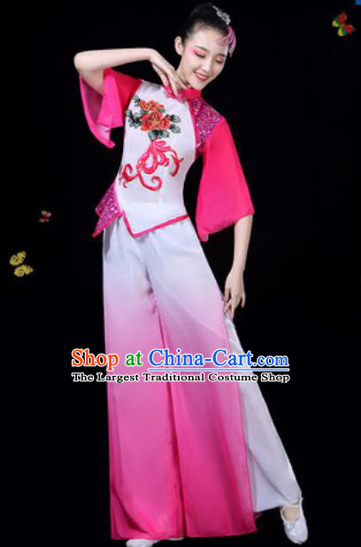 Traditional Chinese Group Dance Yangko Rosy Clothing Folk Dance Fan Dance Stage Performance Costume for Women