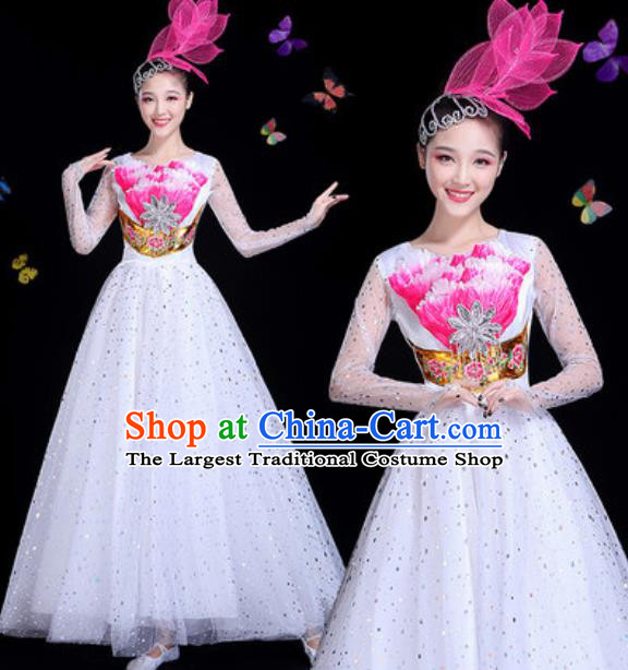 Traditional Chinese Modern Dance White Veil Dress Spring Festival Gala Opening Dance Stage Performance Costume for Women