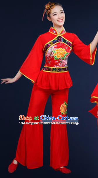 Traditional Chinese Fan Dance Embroidery Peony Red Clothing Folk Dance Yangko Stage Performance Costume for Women