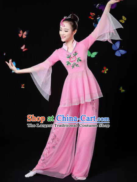 Traditional Chinese Yangko Group Dance Pink Veil Clothing Folk Dance Fan Dance Stage Performance Costume for Women