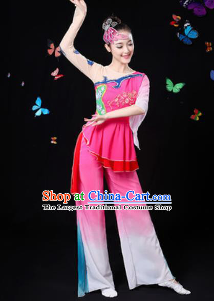 Traditional Chinese Yangko Group Dance Rosy Clothing Folk Dance Fan Dance Stage Performance Costume for Women