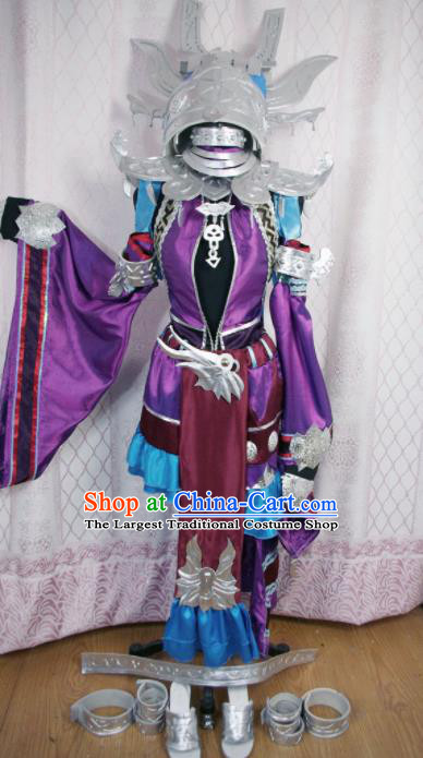 Traditional Chinese Cosplay Swordswoman Purple Hanfu Dress Ancient Princess Embroidered Costume and Headwear for Women