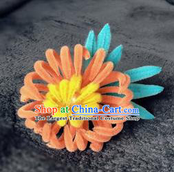 Traditional Chinese Ancient Qing Dynasty Orange Velvet Chrysanthemum Hairpins Handmade Palace Hair Accessories for Women
