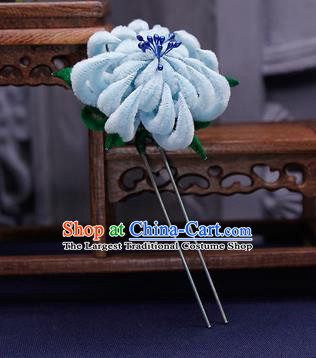 Traditional Chinese Handmade Qing Dynasty Blue Velvet Chrysanthemum Hairpins Ancient Imperial Consort Hair Accessories for Women