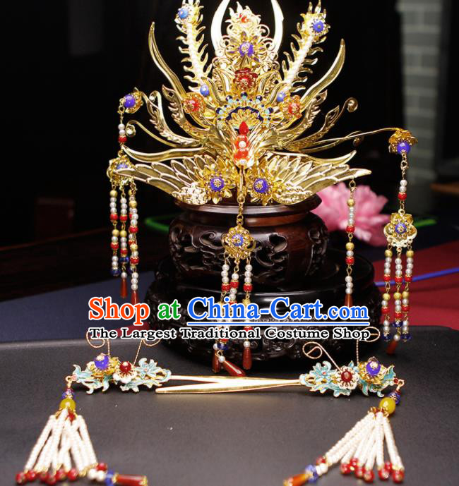 Traditional Chinese Handmade Tassel Phoenix Coronet Hairpins Ancient Queen Hair Accessories for Women