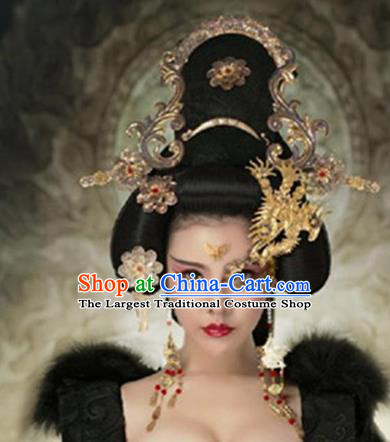 Chinese Handmade Hanfu Palace Lady Golden Phoenix Coronet Mask Hairpins Traditional Ancient Imperial Consort Hair Accessories for Women
