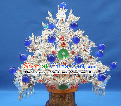 Handmade Chinese Ancient Goddess Queen Blue Beads Hat Phoenix Coronet Hairpins Traditional Hanfu Hair Accessories for Women