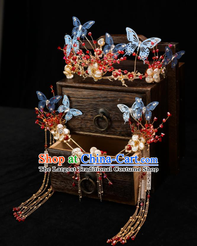 Handmade Chinese Wedding Tassel Blue Butterfly Hair Crown Hairpins Ancient Traditional Hanfu Hair Accessories for Women