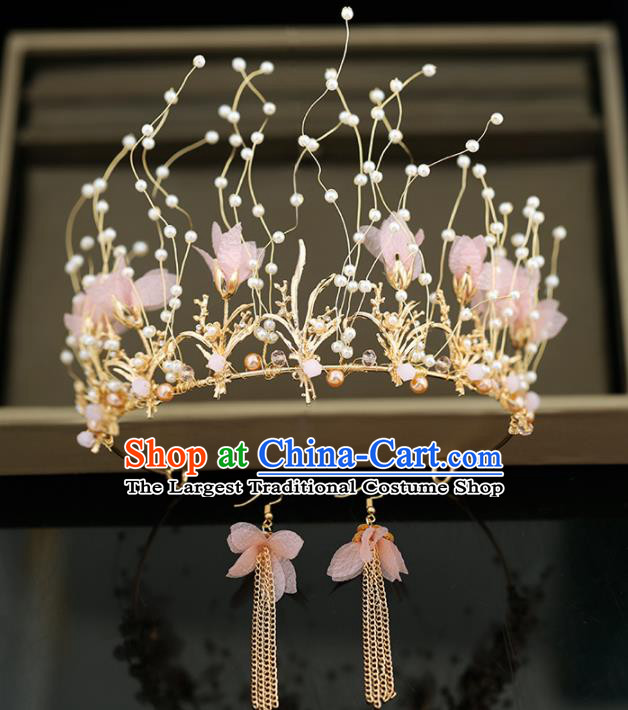 Top Grade Handmade Baroque Princess Pink Flowers Royal Crown Wedding Bride Hair Accessories for Women