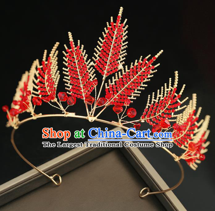 Top Grade Handmade Baroque Princess Red Crystal Leaf Royal Crown Wedding Bride Hair Accessories for Women