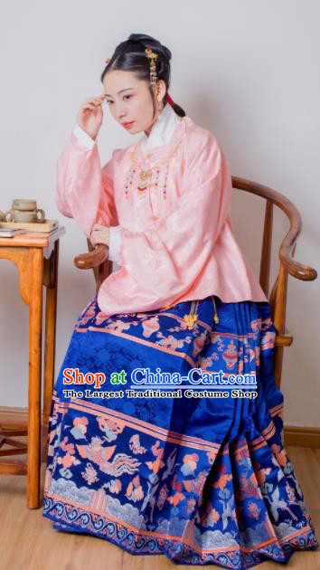 Chinese Ancient Princess Pink Brocade Blouse and Blue Skirt Traditional Ming Dynasty Imperial Consort Historical Costume for Women