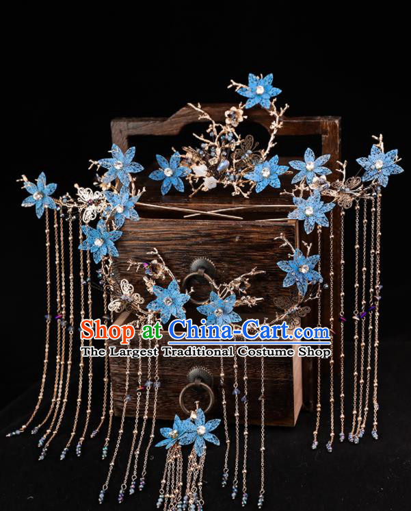 Handmade Chinese Wedding Hairpins Blue Flowers Phoenix Coronet Ancient Traditional Hanfu Hair Accessories for Women