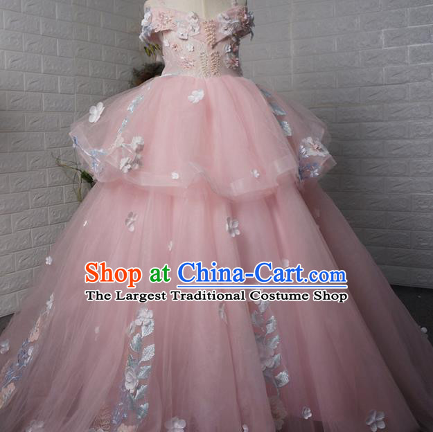 Top Grade Modern Fancywork Court Princess Pink Veil Dress Catwalks Compere Stage Show Dance Costume for Kids