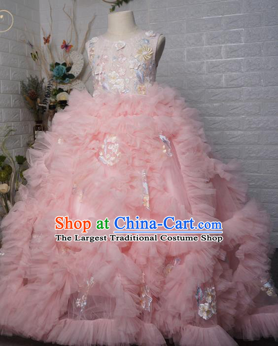 Top Grade Modern Fancywork Court Princess Pink Veil Trailing Dress Catwalks Compere Stage Show Dance Costume for Kids