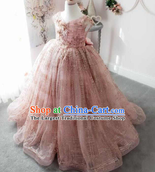 Top Grade Stage Show Costume Catwalks Princess Pink Veil Long Full Dress for Kids
