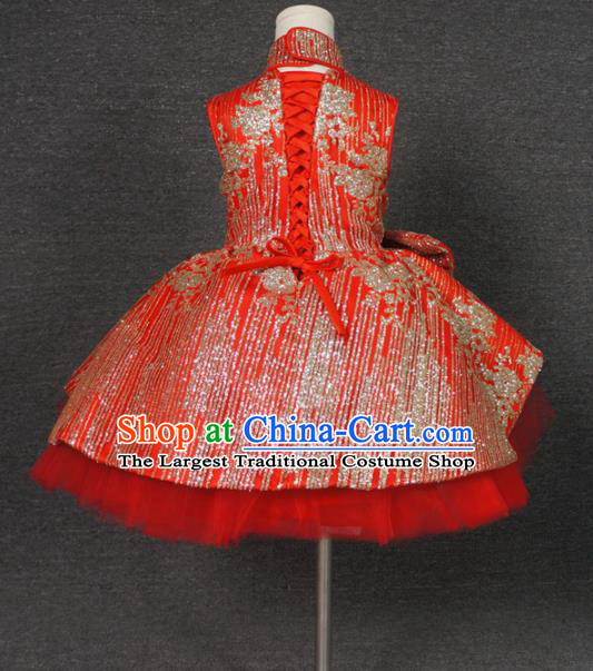 Chinese Stage Performance Embroidered Full Dress Red Qipao Catwalks Modern Fancywork Dance Costume for Kids