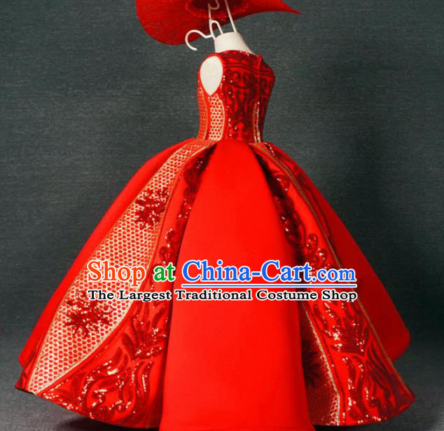 Chinese Stage Performance Embroidered Red Bubble Full Dress Catwalks Modern Fancywork Dance Costume for Kids