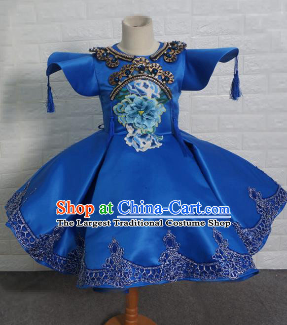 Top Grade Chinese Stage Show Costume Catwalks Dance Embroidered Peony Blue Full Dress for Kids