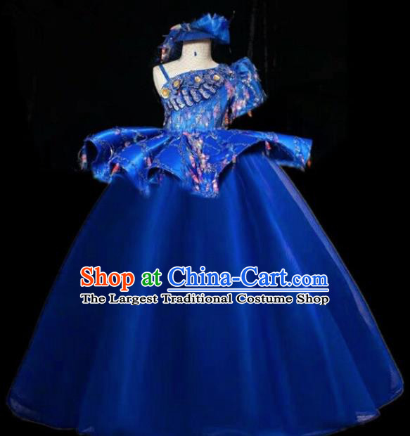 Top Grade Chinese Stage Show Costume Catwalks Dance Embroidered Royalblue Full Dress for Kids
