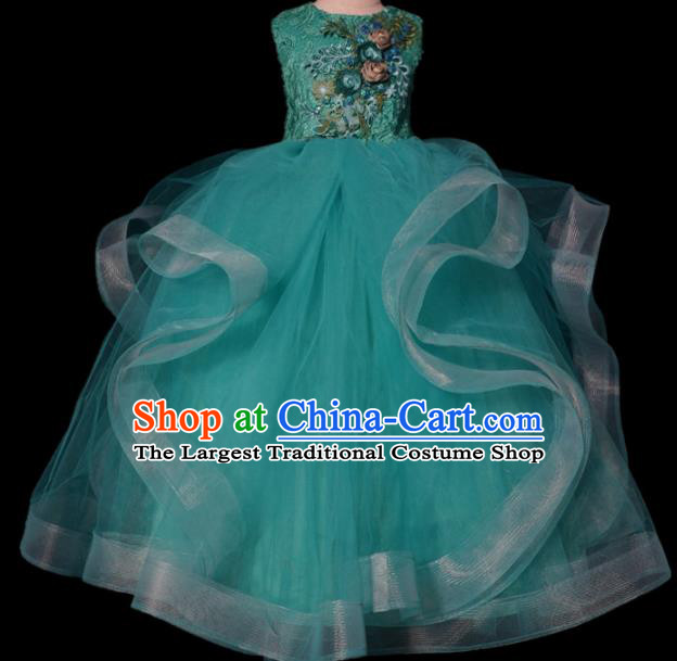 Top Grade Stage Show Compere Embroidered Green Veil Dress Catwalks Court Princess Dance Costume for Kids