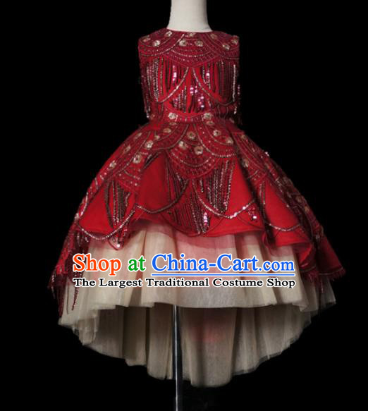 Top Grade Modern Fancywork Compere Red Paillette Dress Catwalks Court Princess Stage Show Dance Costume for Kids