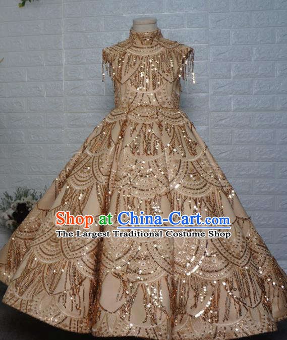 Top Grade Chinese Stage Show Costume Catwalks Dance Embroidered Golden Full Dress for Kids