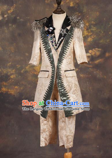 Professional Boys Catwalks Golden Suits Stage Show Clothing Modern Fancywork Compere Costume for Kids